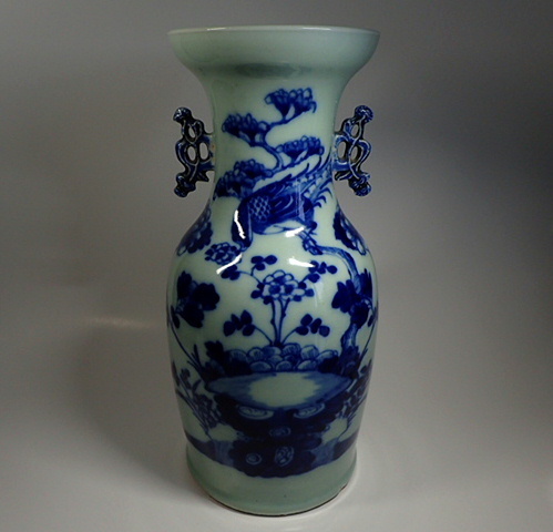 中国古玩 青磁 青華 花鳥文 耳付花瓶 高さ41.5cm 中国美術 唐物 清代