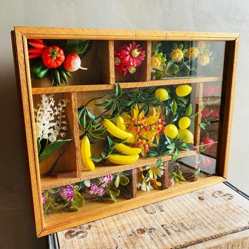 【USA vintage】BOX wall deco ボックス アート ウォールデコ 花 果物 壁掛け 壁飾り インテリア