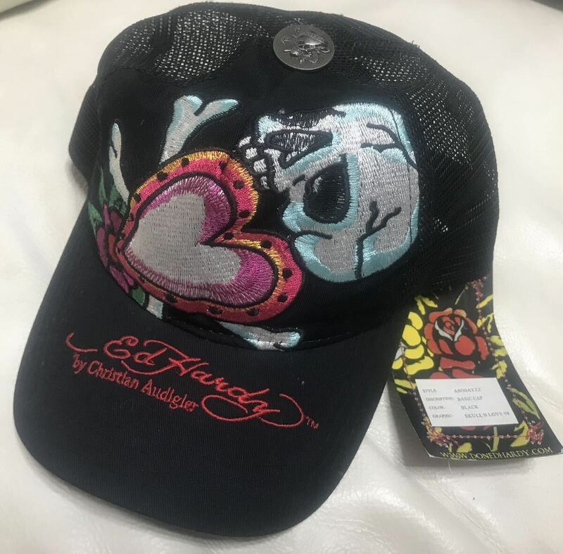 ★送料込★激安★未使用★ Ed Hardy エドハーディー メッシュ キャップ タグ付き スカル ドクロ ハート ブラック 黒 レディース 帽子 ラブ