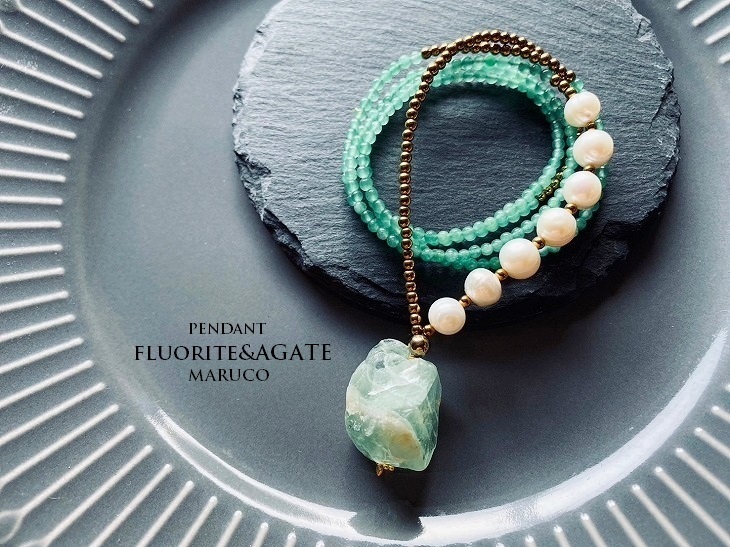 △MARUCO△NC400-861フローライト原石ROUGH+GREEN AGATE*天然石ペンダントロングネックレス *送料無料*