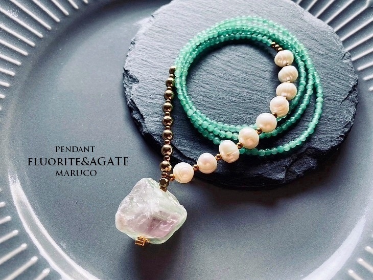 △MARUCO△NC400-862フローライト原石ROUGH+GREEN AGATE*天然石ペンダントロングネックレス *送料無料*