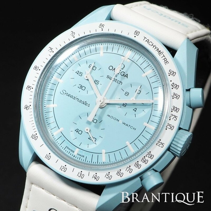 ◆人気シリーズ◆ OMEGA×swatch S033L100 MISSION TO URANUS ミッショントゥウラヌス 水色 QZ クロノグラフ 箱 メンズ 腕時計 「24004」