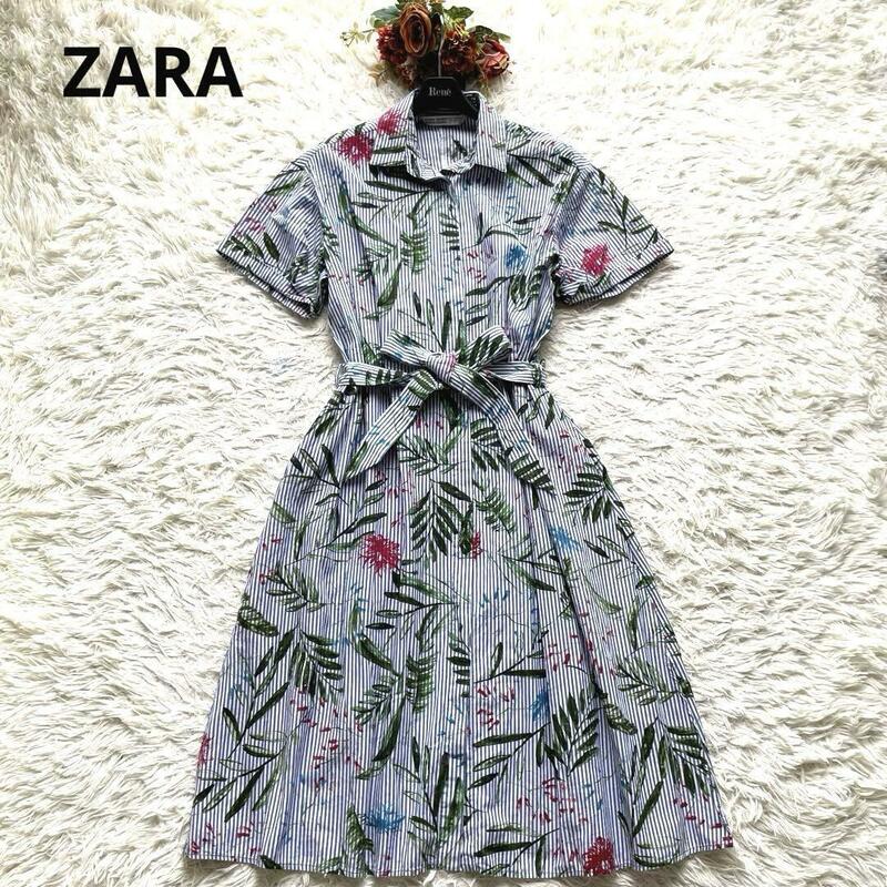 【極美品】ZARA ザラ　ボタニカル　花柄　ストライプ　ロングシャツワンピース　S　半袖