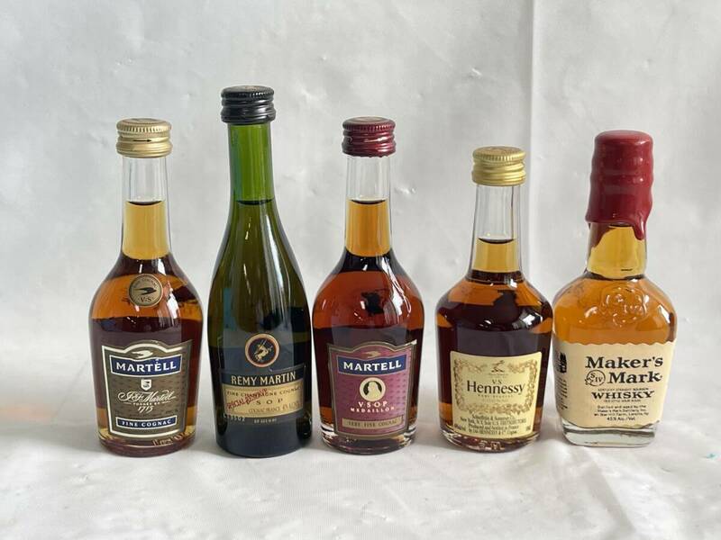 KK0605-11I　Maker's Mark/Hennessy V.S/MARTELL V.S.O.P MEDAILLON/MARTELL 1715/REMY MARTIN V.S.O.P 50ml 40%/45% ミニボトル5本セット