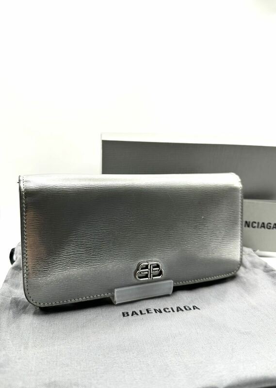 【本物保証】極上美品◆ BALENCIAGA バレンシアガ ◆二つ折り長財布 ホック シルバー