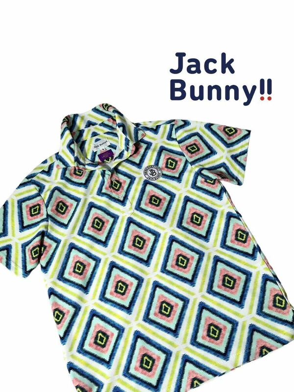 【希少デザイン】新品同様◆パーリーゲイツ ジャックバニー JACK BUNNY ◆半袖 ポロシャツ 総柄 ゴルフウェア トップス サイズ 4 M相当