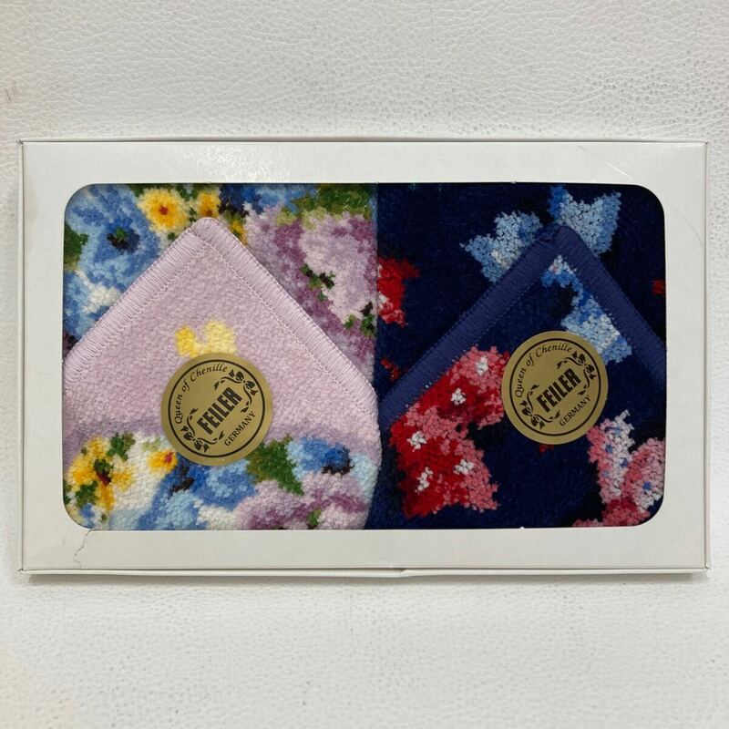 □2135 FEILER フェイラー ハンカチ ハンドタオル リボン柄 花柄 レディース 箱入り シール付き ２枚セット 青系 紫系