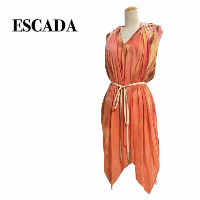 ESCADA エスカーダ シルク100% 34 S カラードレス ノースリーブワンピース ベルト付き