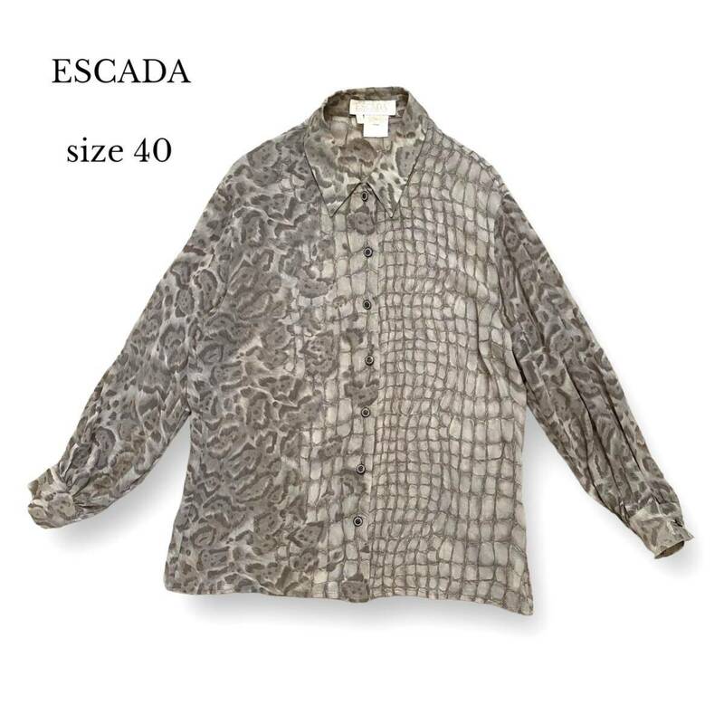 ESCADA ドイツ製 エスカーダ 長袖 シャツ ブラウス シルク 絹 100% グレー クロコ ワニ柄 レオパード 豹柄 鰐 トップス やや透け感 40 L