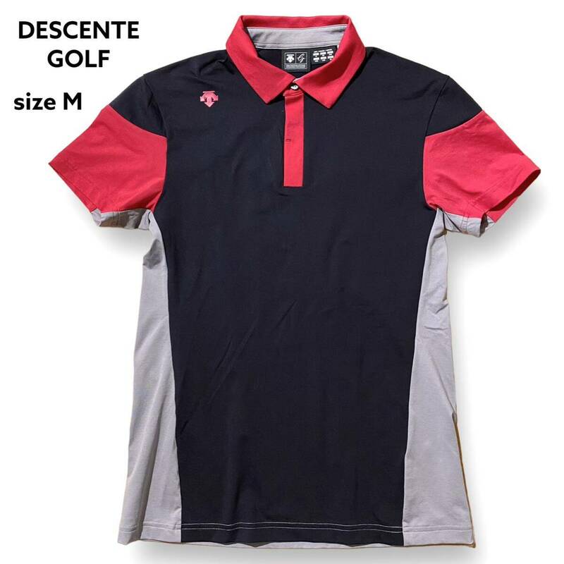 極美品 DESCENTE GOLF ハーフボタン 半袖 ポロシャツ ストレッチ デサント ゴルフ メンズ ウェア 赤 黒 グレー トップス サイズ M