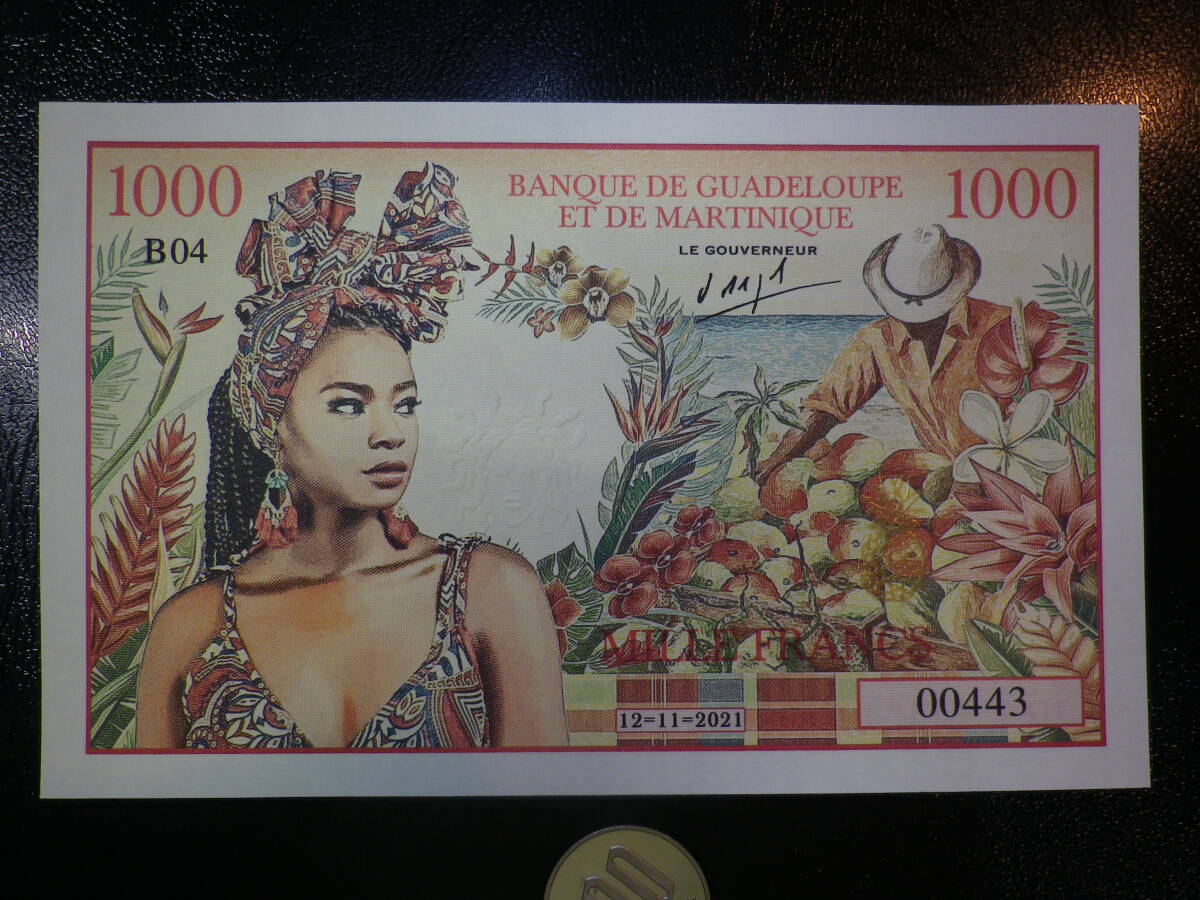 フランス領 グアドループ/マルティ二ーク 2021年 1000Francs 裏面にウミガメ 透かしにエンボス 高級質紙版（コレクション用ファンタジー）