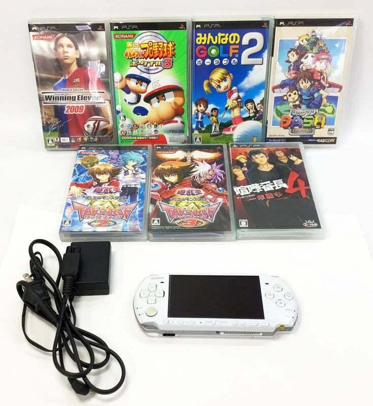 8点セット SONY PSP 3000 本体 ホワイト ソフト 遊戯王 ロックマン パワプロ PlayStation ポータブル ソニー まとめて 大量