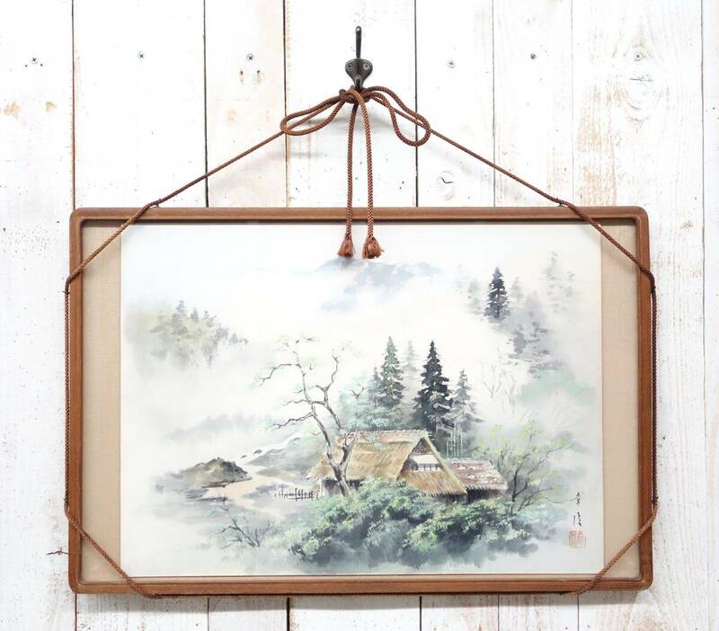 伝統工芸　日本画　水彩画 ＊大型水彩画　　 ＊風景画　日本家屋　山水風景 ＊章信？　銘　在銘　落款あり ＊木製枠（硝子）高級額装　