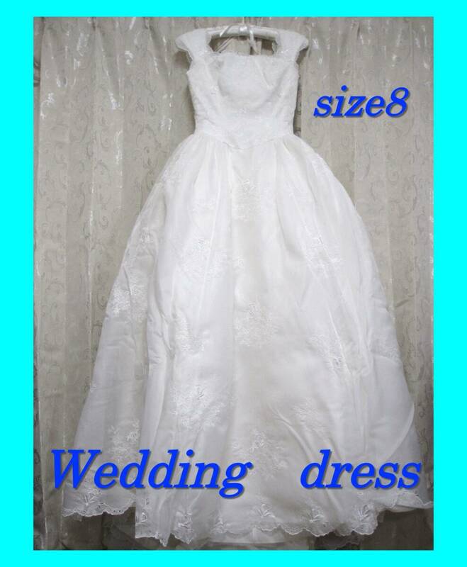 ●WITH ウェディングドレス●サイズ8 プリンセスタイプ? ロングトレーン パニエ 内蔵 ホワイトドレス ノースリーブ お花刺繍●