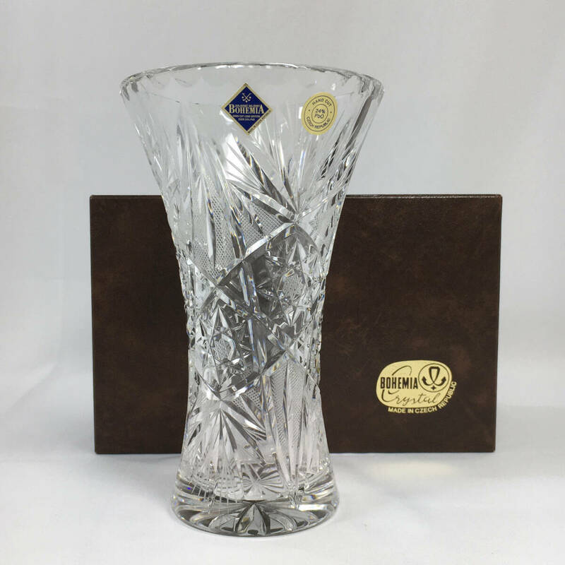【未使用】ボヘミアガラス 花瓶 約20cm クリスタル カットガラス フラワーベース 箱付 チェコスロバキア製 ビンテージ