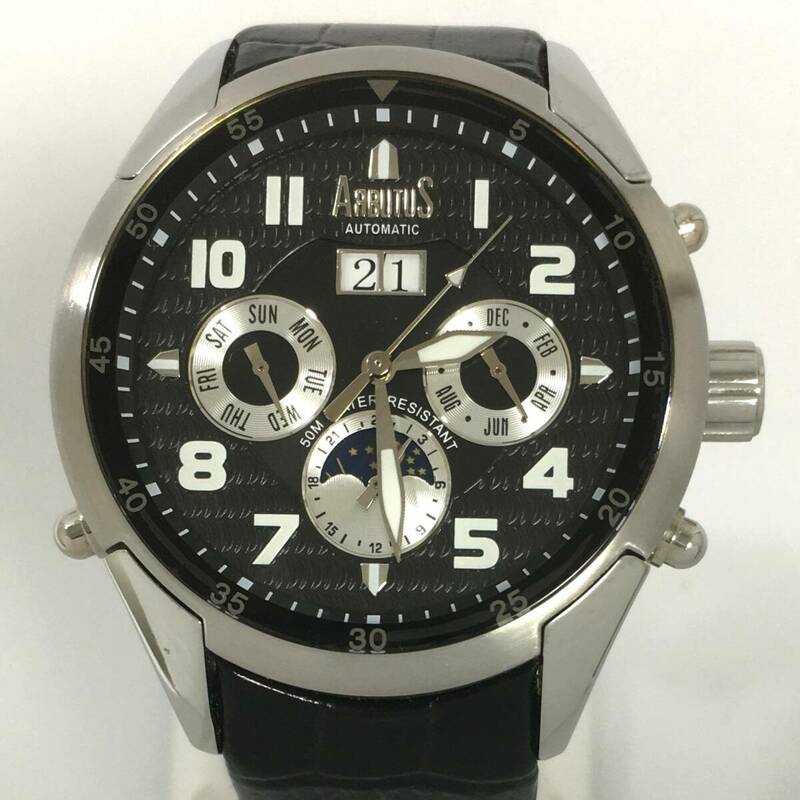 ARBUTUS アルブータス AR0055 ブラック 文字盤 デイデイト サン＆ムーン 自動巻き メンズ 腕時計 裏スケルトン 稼働品