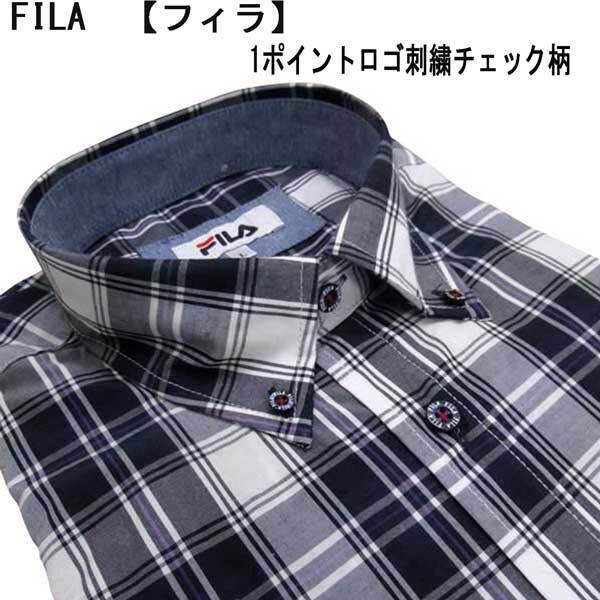 夏 FILA 半袖 綿1Pロゴ刺繍BDシャツ チェック柄 黒紺×白 L