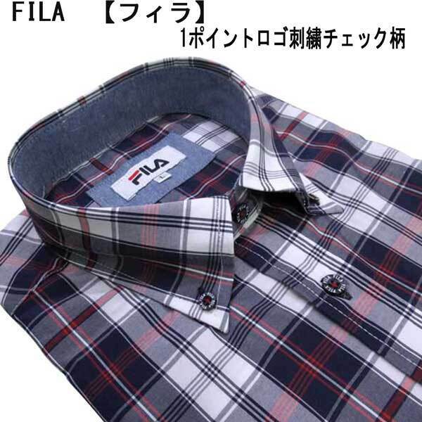夏 FILA 半袖 綿1Pロゴ刺繍BDシャツ チェック柄 紺×白×赤 L