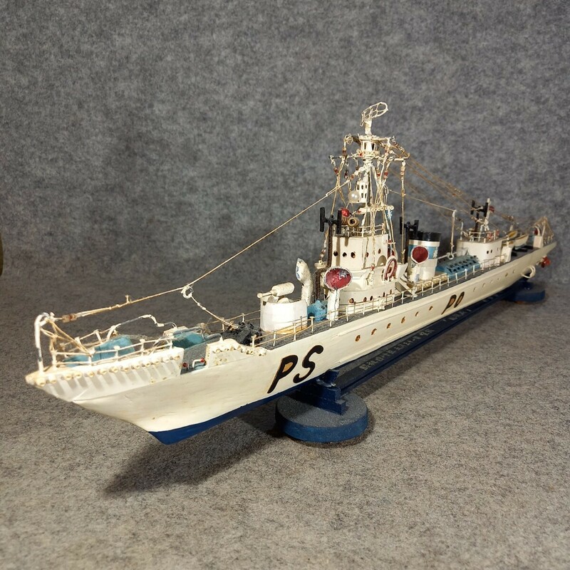 木製 ハンドメイド 昭和期 海上保安庁 巡視船 PS PO 船模型 完成品 台座付き 全長約56㎝ 高さ約12㎝ 幅約4.5cm