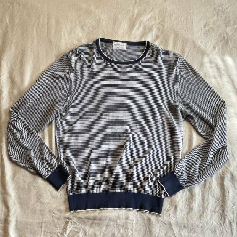 【Settefili Cashmere／セッテフィーリ カシミア】ボーダー コットン ニット 長袖 クルーネック　46（Ｍ）イタリア／ザノーネ クルチアーニ