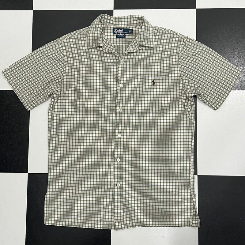 【157】 美品 90s ラルフローレン ADAMS オープンカラー チェック シャツ M ralph lauren check shirt vintage ビンテージ