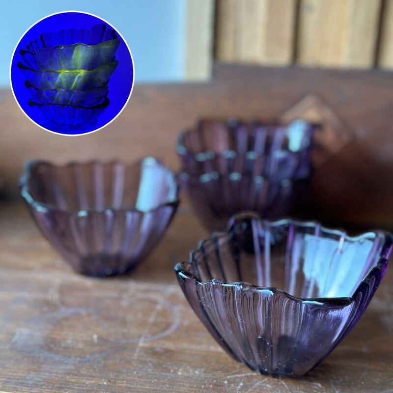 レトロガラス 4枚セット 硝子食器 昭和レトロ 和製アンティーク 紫 パープル 硝子皿 氷コップ 四角 小鉢 骨董 小皿 プレスガラス