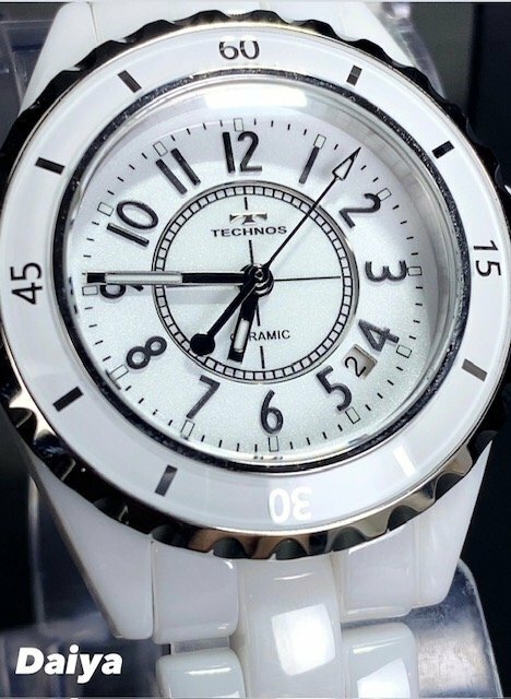 新品 テクノス TECHNOS 正規品 腕時計 アナログ腕時計 クオーツ セラミック 3気圧防水 カレンダー 3針 ビジネス ホワイト 白 プレゼント
