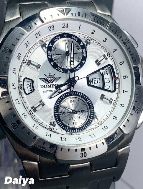 新品 正規品 ドミニク DOMINIC 自動巻き 腕時計 オートマティック カレンダー 5気圧防水 ステンレス ホワイト シルバー メンズ プレゼント