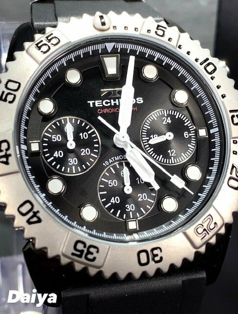 新品 テクノス TECHNOS 正規品 腕時計 アナログ腕時計 クオーツ クロノグラフ ラバーベルト 10気圧防水 回転ベゼル ブラック プレゼント