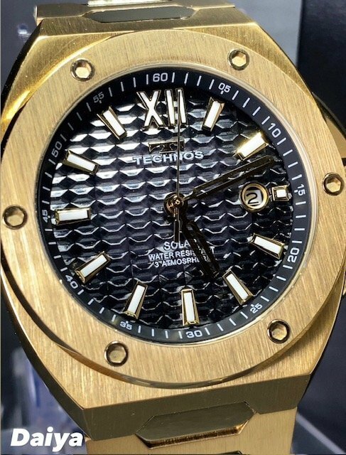 新品 テクノス TECHNOS 正規品 腕時計 アナログ腕時計 ソーラー ステンレス 3気圧防水 カレンダー ゴールド ブラック メンズ プレゼント