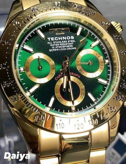 新品 テクノス TECHNOS 正規品 腕時計 アナログ腕時計 クオーツ ステンレス クロノグラフ 10気圧防水 ゴールド グリーン メンズ プレゼント