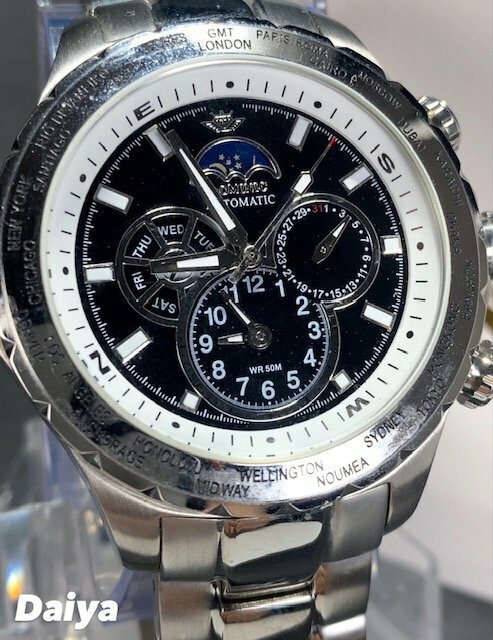 新品 正規品 ドミニク DOMINIC 自動巻き 腕時計 サン＆ムーン オートマティック カレンダー 防水 ステンレス ブラック メンズ プレゼント