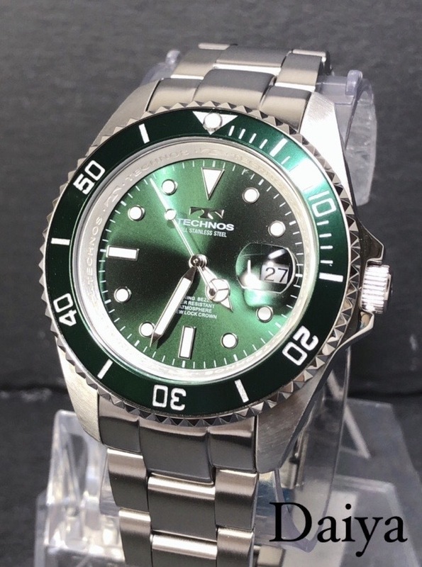 新品 TECHNOS テクノス 正規品 腕時計 シルバー グリーン ダイバーズウォッチ オールステンレス アナログ腕時計 多機能腕時計 防水 メンズ
