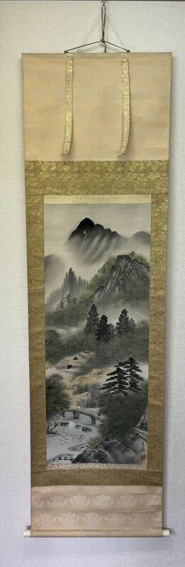 掛軸 青潮　彩色山水画　