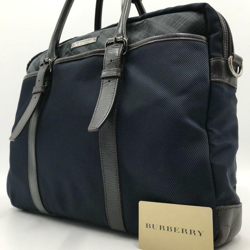 美品●バーバリーブラックレーベル BURBERRY BLACK LABEL メンズ ビジネスバッグ ブリーフケース チェック A4可 レザー ネイビー 紺 書類鞄