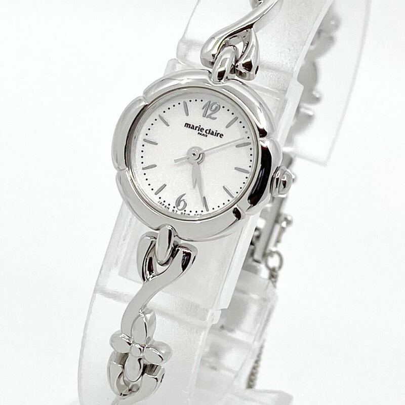 箱付き 極美品 marie claire 腕時計 ブレスウォッチ 花 フラワー クォーツ quartz バーインデックス 3針 シルバー 銀 マリクレール Y858