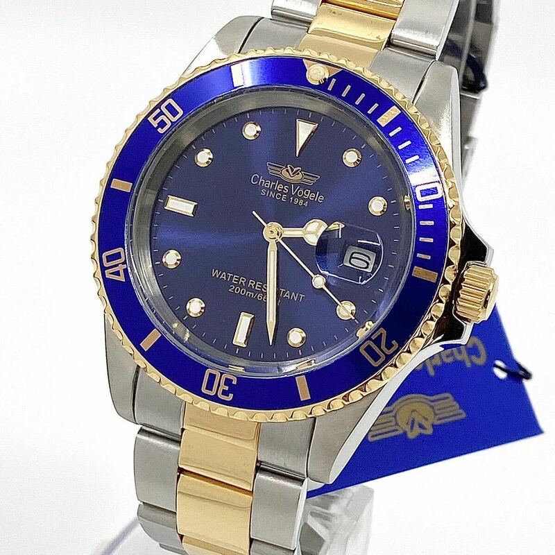 箱付き 美品 Charles Vogele 腕時計 デイト 回転ベゼル スクリューバック クォーツ quartz ブルー コンビ 青 金銀 シャルルホーゲル Y849
