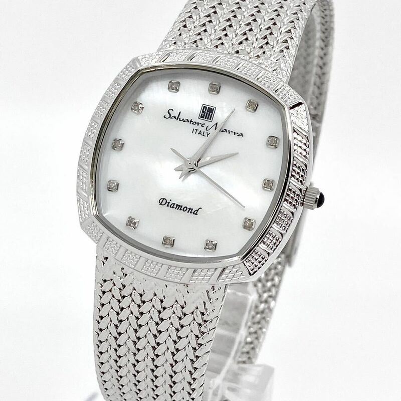 極美品 Salvatore Marra 腕時計 プラチナ ダイアモンド ダイヤ Diamond クォーツ quartz シェル シルバー 銀 サルバトーレマーラ Y847