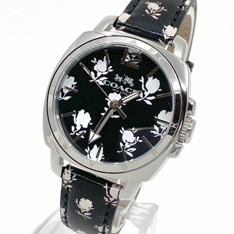 COACH 腕時計 フラワー 花柄 バーインデックス 3針 クォーツ quartz 黒文字盤 ブラック シルバー 黒銀 コーチ Y924
