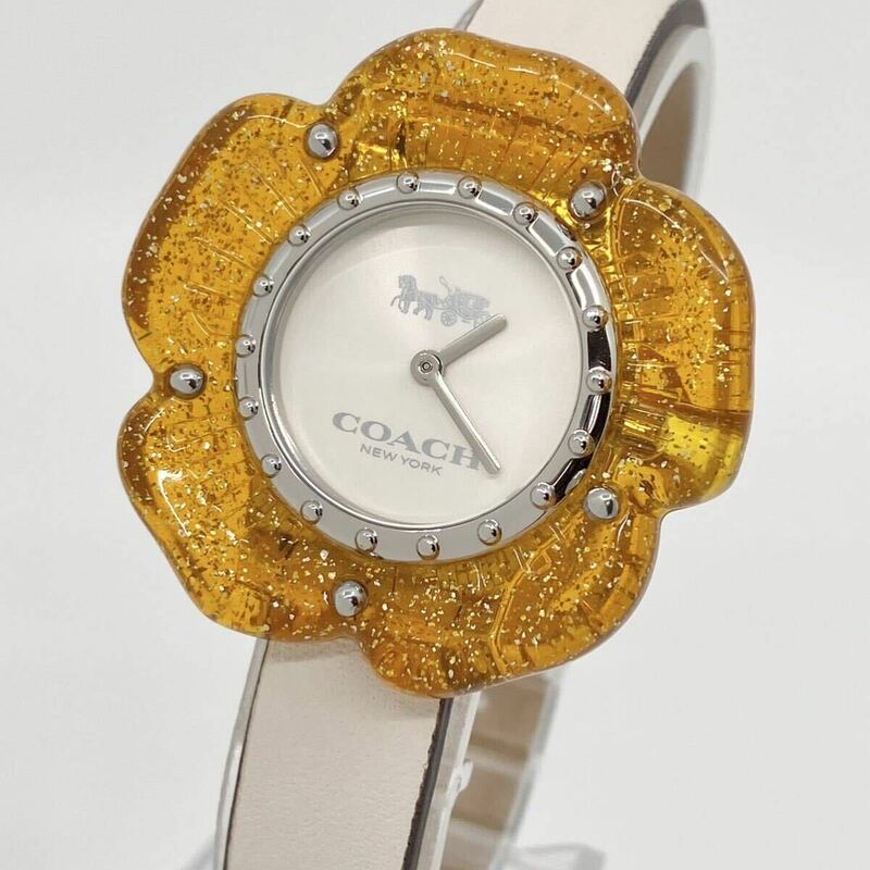 美品 COACH 腕時計 フラワー 花 馬車ロゴ 2針 クォーツ quartz オレンジ シルバー 銀 レザーベルト コーチ ウォッチ Y923