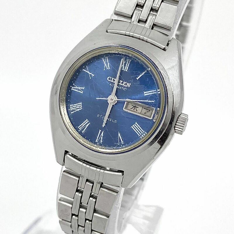 CITIZEN AUTOMATIC 腕時計 自動巻き 機械式 21石 デイデイト スクリューバック 4-700546 ブルー シルバー 青 銀 シチズン Y921