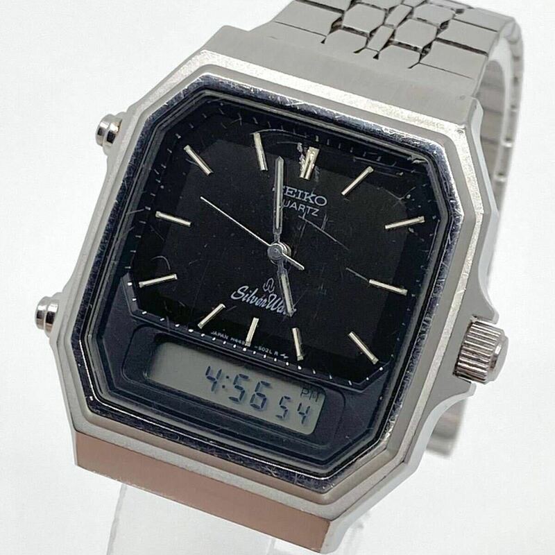 SEIKO SilverWave 腕時計 アナデジ クロノグラフ デイデイト クォーツ quartz シルバー 銀 H449-502A セイコー ジャンク Y937