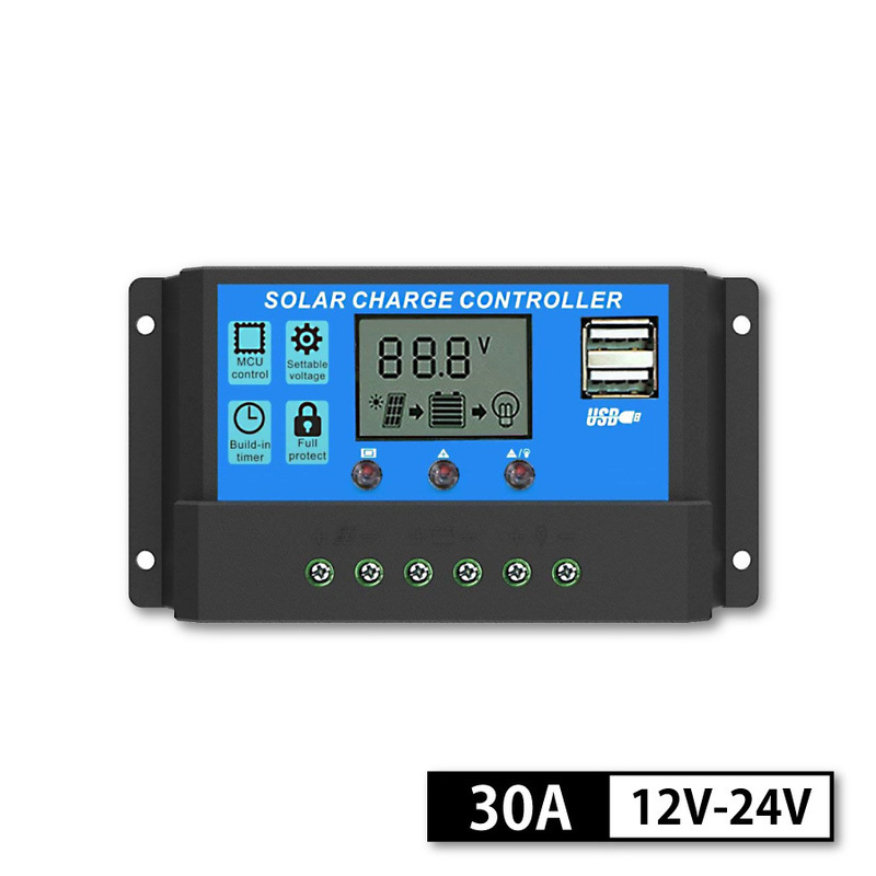 ■送込■ 30A ソーラーパネル コントローラー 30A PWM式 12V/24V LCDデュアル液晶 チャージコントローラー レギュレーター USB付き