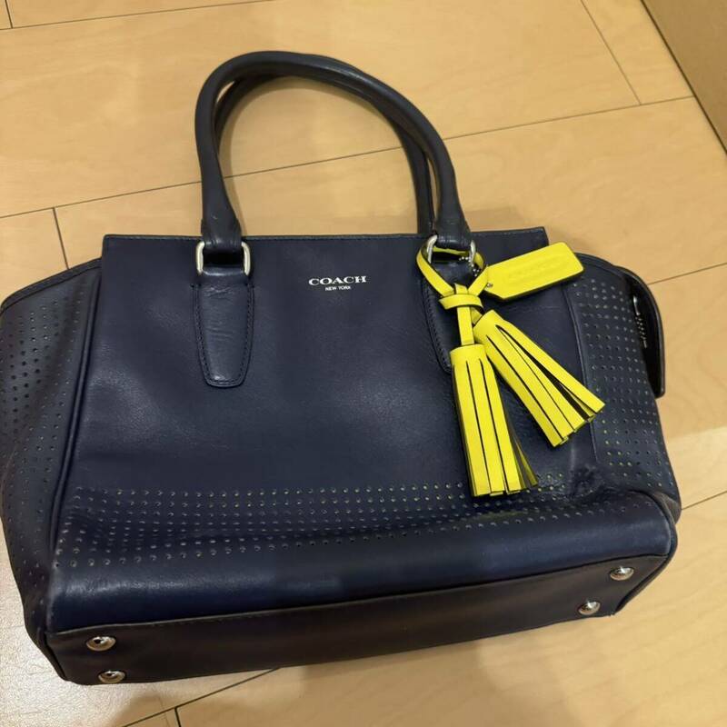 コーチ レガシー キャンディス キャリオール ハンドバッグ 22388 パンチングレザー ネイビー イエロー タッセル COACH