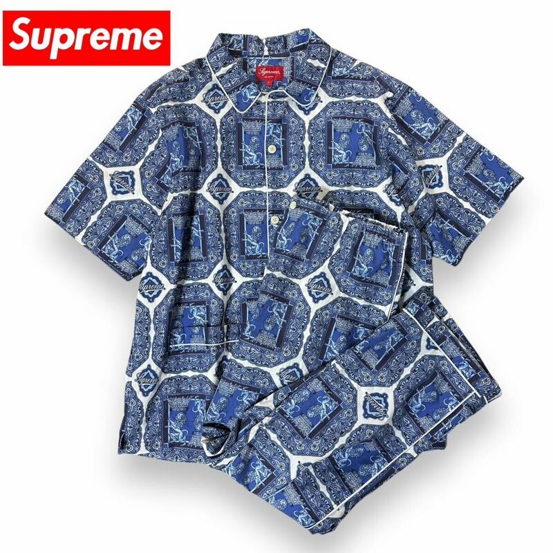 【極美品】Supreme シュプリーム コットン 総柄 ペーズリー アロハシャツ パジャマ セットアップ ブルー 22ss Lサイズ