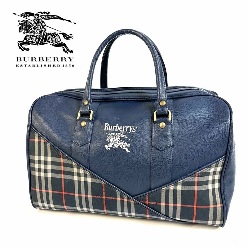 Burberry バーバリー レザー キャンバス シャドーホース ノバチェック ボストンバッグ トラベルバッグ ブリーフケース ネイビー