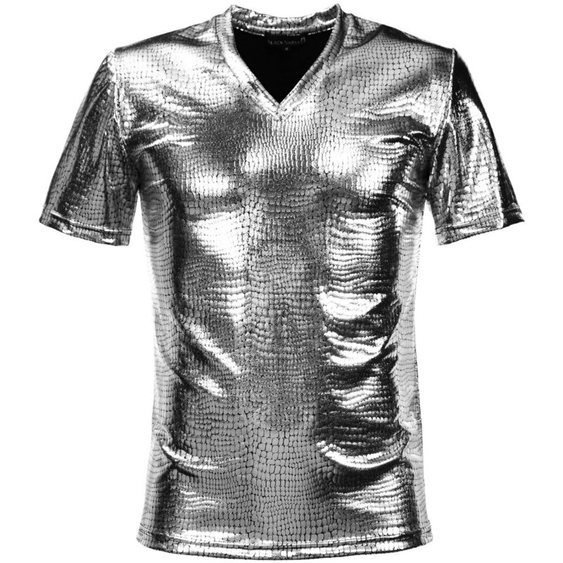 173308-si BlackVaria Tシャツ クロコダイル メンズ Vネック 光沢 メタリック 日本製 半袖Tシャツ(シルバー銀 箔) XL ステージ衣装 舞台