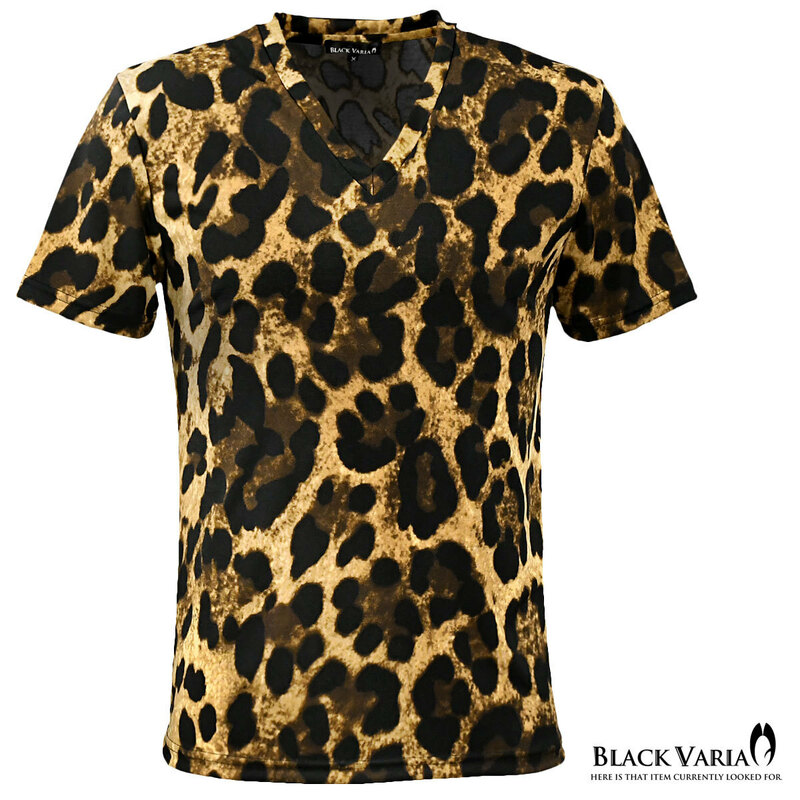 183704-br BlackVaria Tシャツ Vネック ヒョウ柄 豹 レオパード ストレッチ 半袖 mens メンズ(ブラウン茶ブラック黒) XL 総柄 細身