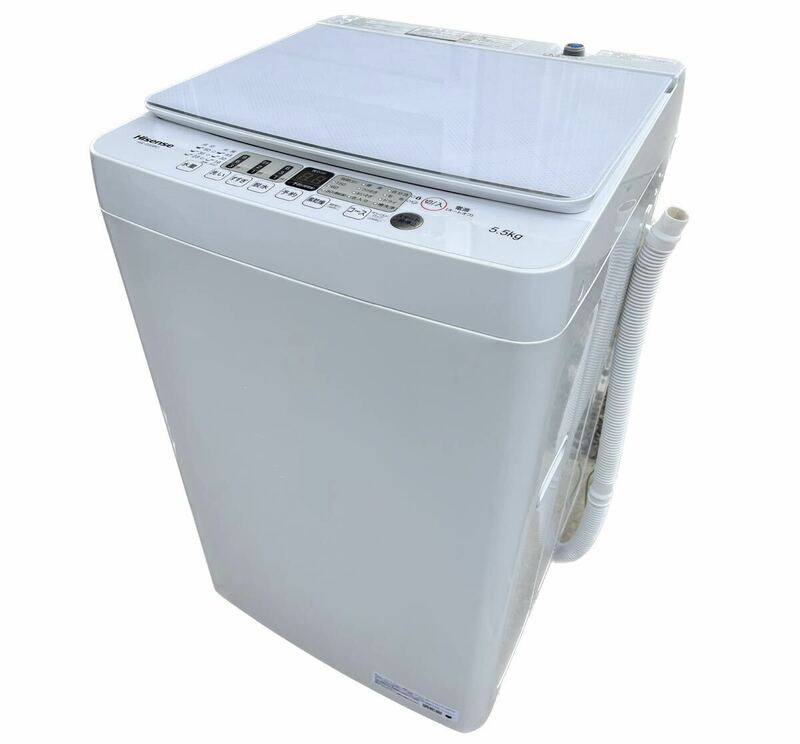 ◯ 2022年製 Hisense ハイセンス 5.5kg 全自動洗濯機 ガラストップ コンパクト HW-G55BK1 ホワイト 直接引取OK