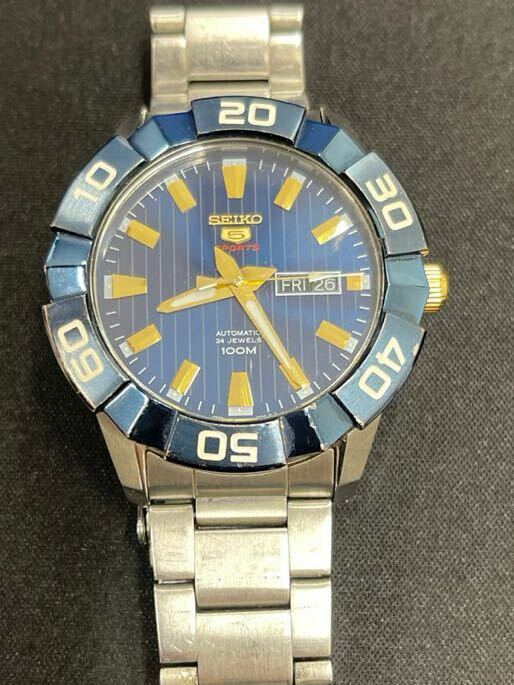 稼働品 SEIKO セイコー 5スポーツ 4R36-05M0 AT 自動巻き 24石 デイデイト 青文字盤 メンズ腕時計 セイコー 腕時計 現状品 希少モデル
